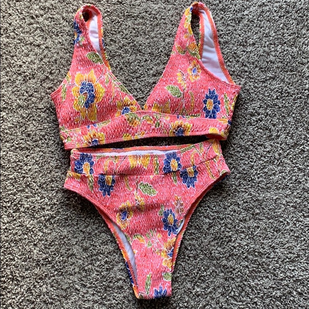 floral smocked high waisted bikini